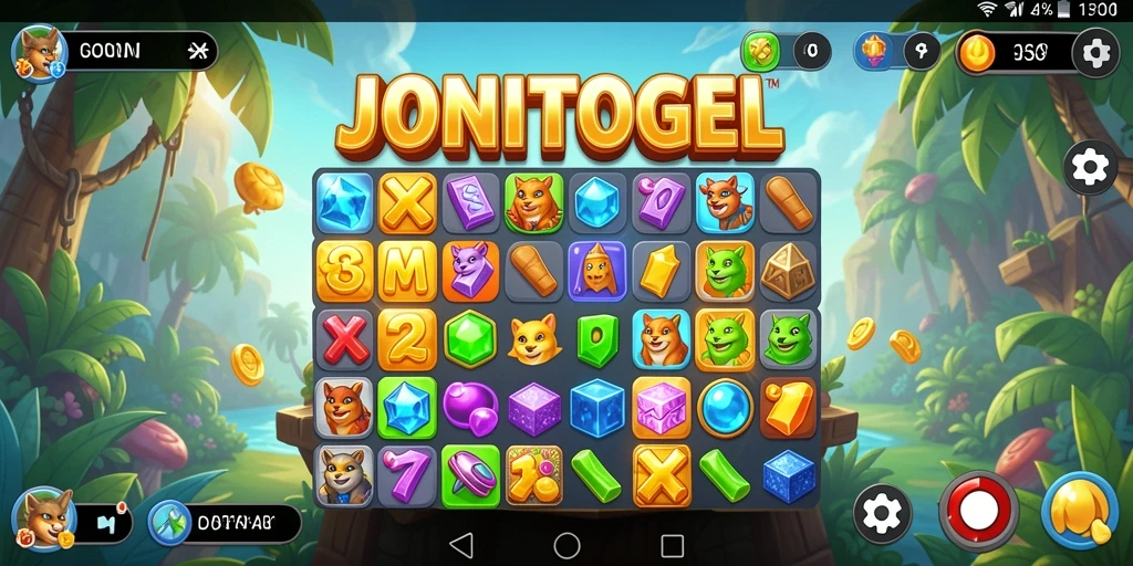 Tampilan gameplay JONITOGEL dengan grafis match-3 yang cerah.