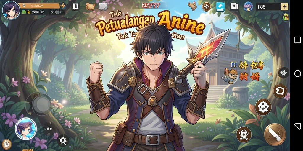 Tangkapan layar utama NA777 menampilkan aksi pertempuran karakter Anime.