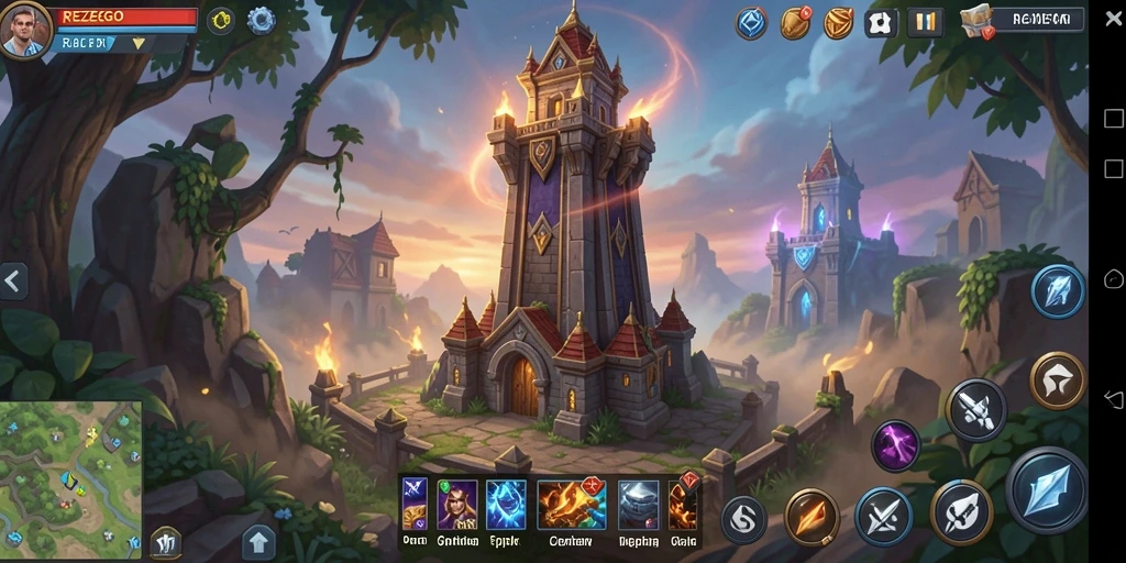 Screenshot gameplay menampilkan aksi seru di REZEGO dengan menara pertahanan.