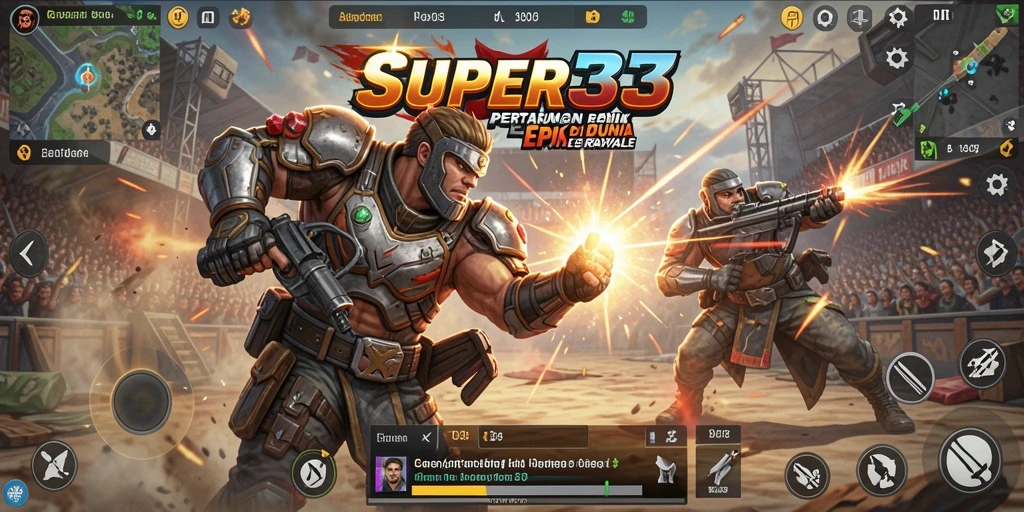 Tangkapan layar SUPER33 menampilkan aksi pertarungan intens di medan perang Battle Royale.